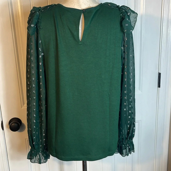 Loft
Shimmer Dotted Ruffle Yoke Mixed Media Top Sz L - Picture 5 of 11